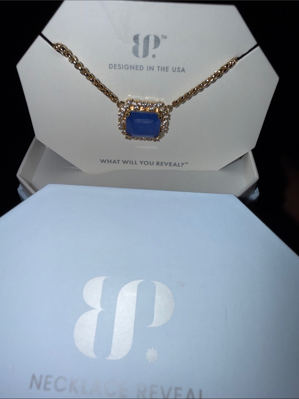 BP Gold-Tone Necklace with Blue Center Stone and Crystal Halo